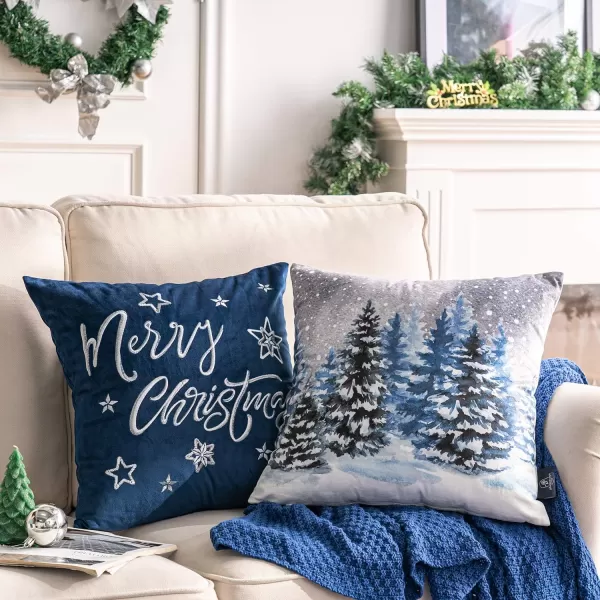 Phantoscope Set of 4 Merry Christmas Decorative Print and Embroidery Velvet Throw Pillow Covers Snowman Star Snowflake Tree Cushion Cover Green 18 x 18 inches 45 x 45 cmBlue