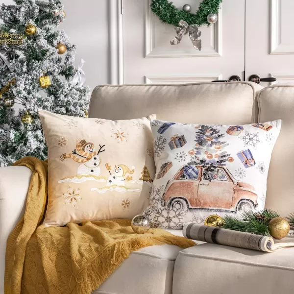Phantoscope Set of 4 Merry Christmas Decorative Print and Embroidery Velvet Throw Pillow Covers Snowman Star Snowflake Tree Cushion Cover Green 18 x 18 inches 45 x 45 cmBeige
