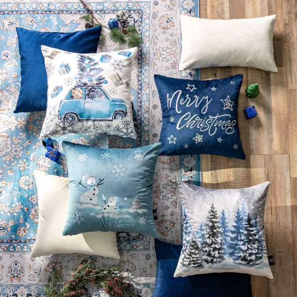 Phantoscope Set of 4 Merry Christmas Decorative Print and Embroidery Velvet Throw Pillow Covers Snowman Star Snowflake Tree Cushion Cover Green 18 x 18 inches 45 x 45 cmBlue