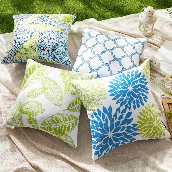 Phantoscope Set of 4 Outdoor Waterproof Throw Pillow Covers New Living Series Decorative Couch Pillow Case for Patio Tent Garden Cushion Cover Blue and Green 18 x 18 inches