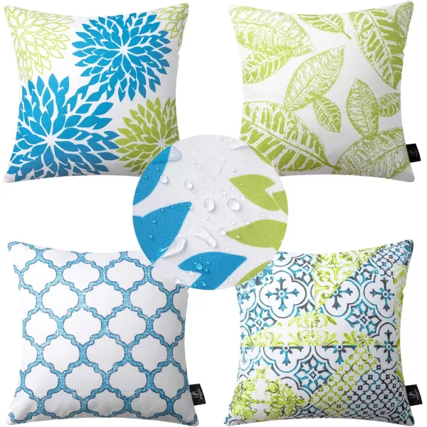 Phantoscope Set of 4 Outdoor Waterproof Throw Pillow Covers New Living Series Decorative Couch Pillow Case for Patio Tent Garden Cushion Cover Blue and Green 18 x 18 inches
