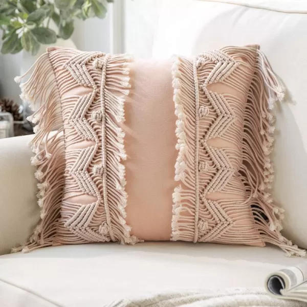 Phantoscope 100 Cotton Handmade Crochet Woven Boho Throw Pillow with Tassel Cute Farmhouse Pillow Insert Included Lumbar Small Decorative Cushion for Couch Sofa Black16 inches RoundLight Pink