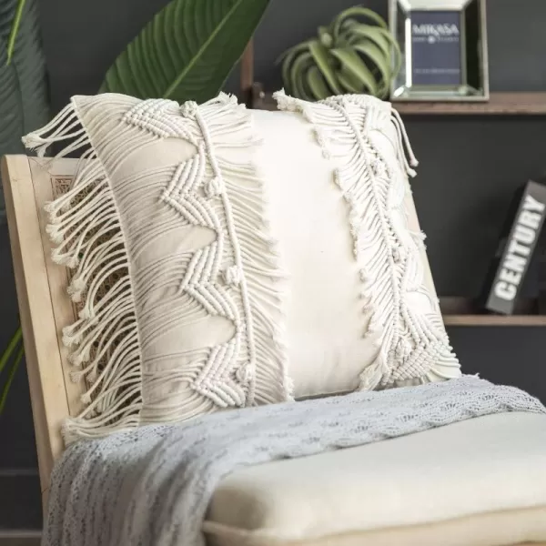 Phantoscope 100 Cotton Handmade Crochet Woven Boho Throw Pillow with Tassel Cute Farmhouse Pillow Insert Included Lumbar Small Decorative Cushion for Couch Sofa Black16 inches RoundOff White