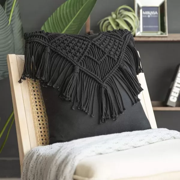 Phantoscope 100 Cotton Handmade Crochet Woven Boho Throw Pillow with Tassel Cute Farmhouse Pillow Insert Included Lumbar Small Decorative Cushion for Couch Sofa Black16 inches RoundCarbon