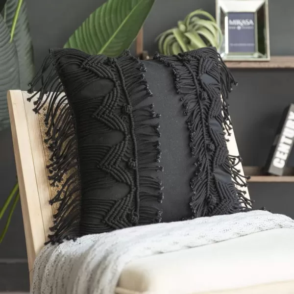 Phantoscope 100 Cotton Handmade Crochet Woven Boho Throw Pillow with Tassel Cute Farmhouse Pillow Insert Included Lumbar Small Decorative Cushion for Couch Sofa Black16 inches RoundBlack