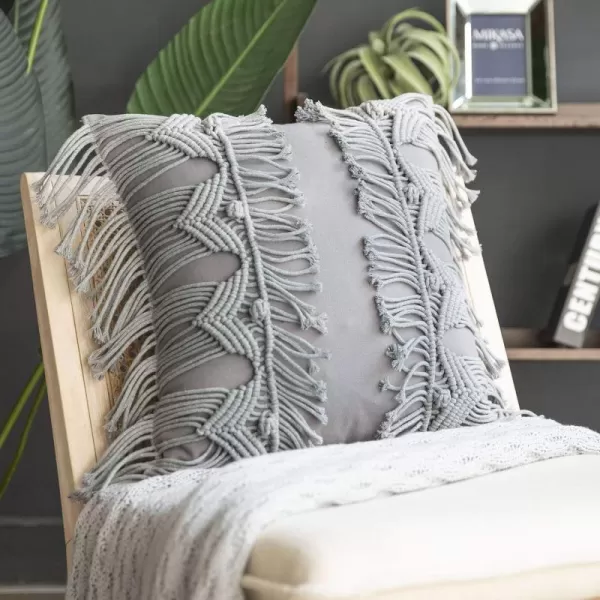 Phantoscope 100 Cotton Handmade Crochet Woven Boho Throw Pillow with Tassel Cute Farmhouse Pillow Insert Included Lumbar Small Decorative Cushion for Couch Sofa Black16 inches RoundGrey
