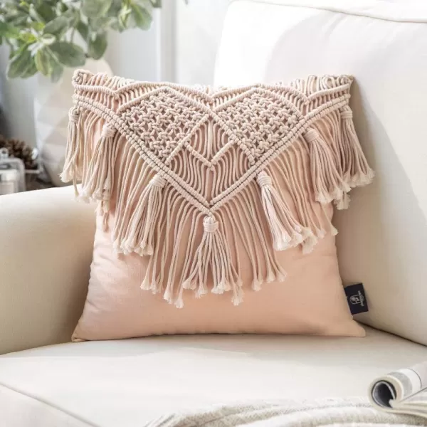 Phantoscope 100 Cotton Handmade Crochet Woven Boho Throw Pillow with Tassel Cute Farmhouse Pillow Insert Included Lumbar Small Decorative Cushion for Couch Sofa Black16 inches RoundPink
