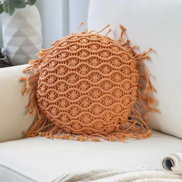 Phantoscope 100 Cotton Handmade Crochet Woven Boho Throw Pillow with Tassel Cute Farmhouse Pillow Insert Included Lumbar Small Decorative Cushion for Couch Sofa Black16 inches RoundOrange