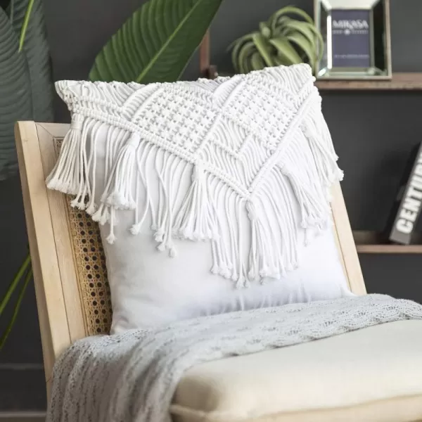 Phantoscope 100 Cotton Handmade Crochet Woven Boho Throw Pillow with Tassel Cute Farmhouse Pillow Insert Included Lumbar Small Decorative Cushion for Couch Sofa Black16 inches RoundPure White