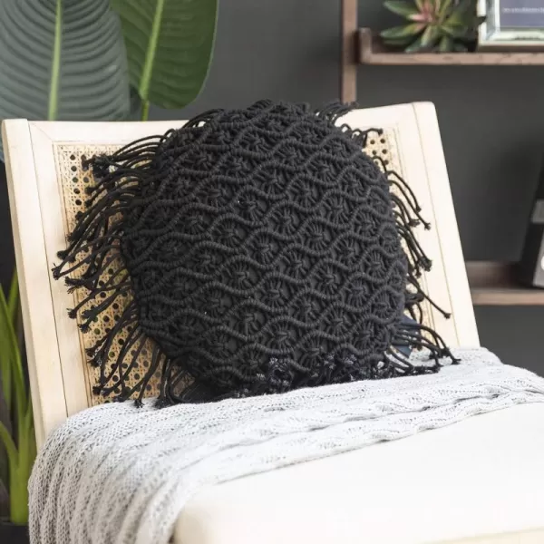 Phantoscope 100 Cotton Handmade Crochet Woven Boho Throw Pillow with Tassel Cute Farmhouse Pillow Insert Included Lumbar Small Decorative Cushion for Couch Sofa Black16 inches RoundIron Black