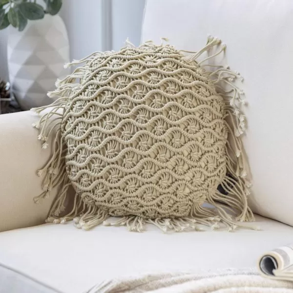 Phantoscope 100 Cotton Handmade Crochet Woven Boho Throw Pillow with Tassel Cute Farmhouse Pillow Insert Included Lumbar Small Decorative Cushion for Couch Sofa Black16 inches RoundShell