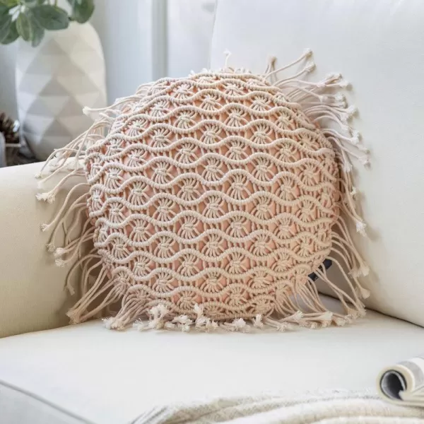 Phantoscope 100 Cotton Handmade Crochet Woven Boho Throw Pillow with Tassel Cute Farmhouse Pillow Insert Included Lumbar Small Decorative Cushion for Couch Sofa Black16 inches RoundPale Pink