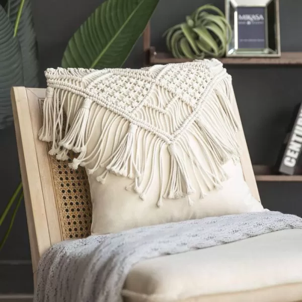 Phantoscope 100 Cotton Handmade Crochet Woven Boho Throw Pillow with Tassel Cute Farmhouse Pillow Insert Included Lumbar Small Decorative Cushion for Couch Sofa Black16 inches RoundBeige