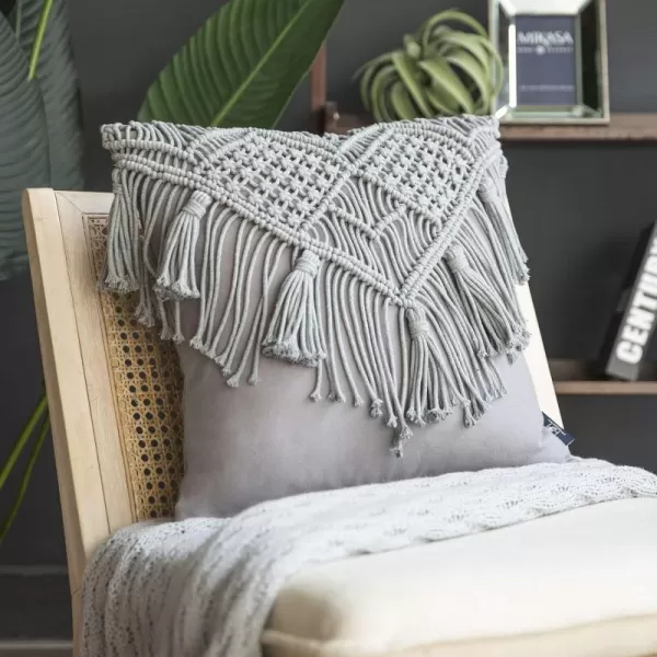 Phantoscope 100 Cotton Handmade Crochet Woven Boho Throw Pillow with Tassel Cute Farmhouse Pillow Insert Included Lumbar Small Decorative Cushion for Couch Sofa Black16 inches RoundLight Grey