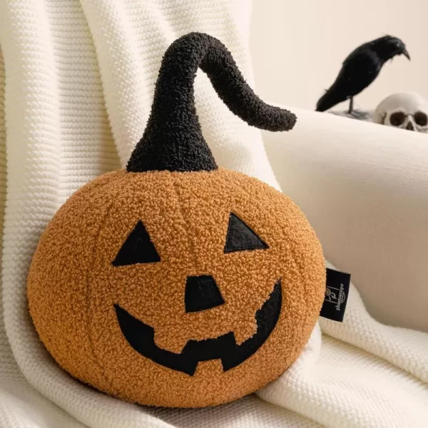 Phantoscope Happy Halloween Pumpkin Shaped Throw Pillow Teddy Fleece JackoLantern Pumpkin Pillow Ultra Soft Sherpa Fall Decorative Halloween Cushion Pillow Off White 95 x 95 inchesOrange