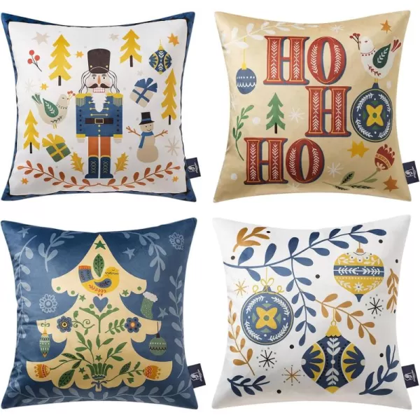 Phantoscope Pack of 4 Merry Christmas Decorative Soft Velvet Throw Pillow Cover with Snowflake Elk and Tree Cushion Covers for Xmas Couch Sofa Green 18 x 18 ampamp 12 x 20 inchesNutcracker Navy and Gold
