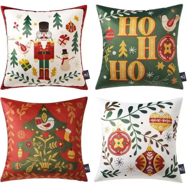 Phantoscope Pack of 4 Merry Christmas Decorative Soft Velvet Throw Pillow Cover with Snowflake Elk and Tree Cushion Covers for Xmas Couch Sofa Green 18 x 18 ampamp 12 x 20 inchesNutcracker Red and Green