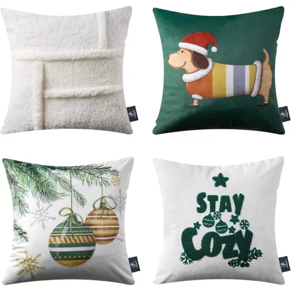 Phantoscope Pack of 4 Merry Christmas Decorative Soft Velvet Throw Pillow Cover with Snowflake Elk and Tree Cushion Covers for Xmas Couch Sofa Green 18 x 18 ampamp 12 x 20 inchesSherpagreen White