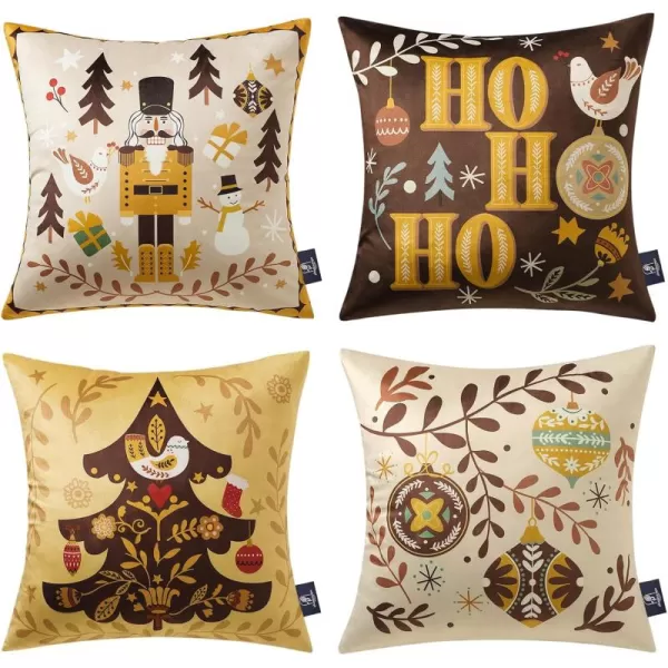 Phantoscope Pack of 4 Merry Christmas Decorative Soft Velvet Throw Pillow Cover with Snowflake Elk and Tree Cushion Covers for Xmas Couch Sofa Green 18 x 18 ampamp 12 x 20 inchesNutcracker Yellow and Coffee