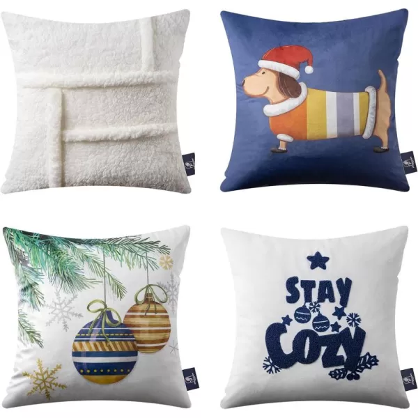 Phantoscope Pack of 4 Merry Christmas Decorative Soft Velvet Throw Pillow Cover with Snowflake Elk and Tree Cushion Covers for Xmas Couch Sofa Green 18 x 18 ampamp 12 x 20 inchesSherpadark Blue