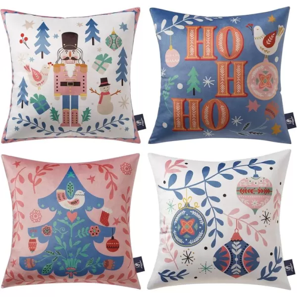 Phantoscope Pack of 4 Merry Christmas Decorative Soft Velvet Throw Pillow Cover with Snowflake Elk and Tree Cushion Covers for Xmas Couch Sofa Green 18 x 18 ampamp 12 x 20 inchesNutcracker Pink and Blue