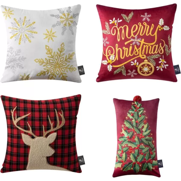 Phantoscope Pack of 4 Merry Christmas Decorative Soft Velvet Throw Pillow Cover with Snowflake Elk and Tree Cushion Covers for Xmas Couch Sofa Green 18 x 18 ampamp 12 x 20 inchesRed