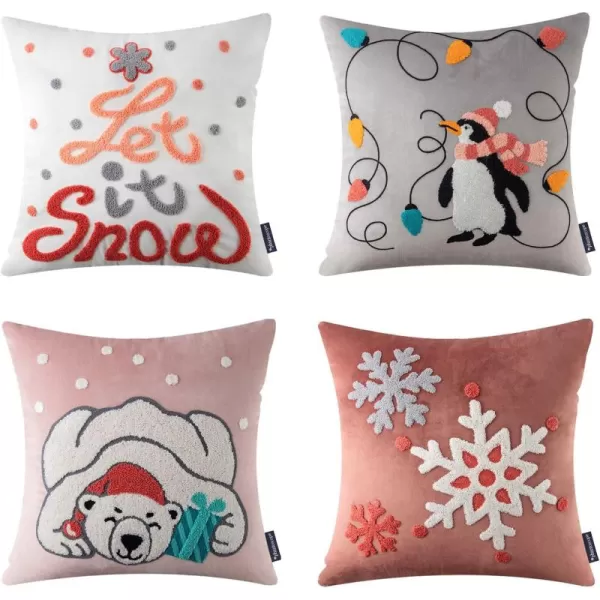 Phantoscope Pack of 4 Merry Christmas Decorative Soft Velvet Throw Pillow Cover with Snowflake Elk and Tree Cushion Covers for Xmas Couch Sofa Green 18 x 18 ampamp 12 x 20 inchesPink and White