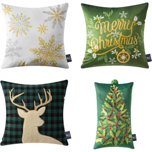Phantoscope Pack of 4 Merry Christmas Decorative Soft Velvet Throw Pillow Cover with Snowflake Elk and Tree Cushion Covers for Xmas Couch Sofa Green 18 x 18 ampamp 12 x 20 inchesGreen
