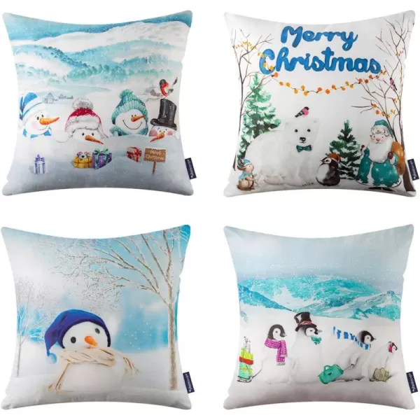 Phantoscope Pack of 4 Merry Christmas Decorative Soft Velvet Throw Pillow Cover with Snowflake Elk and Tree Cushion Covers for Xmas Couch Sofa Green 18 x 18 ampamp 12 x 20 inchesLight Blue Snowman