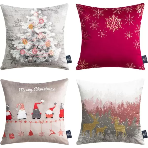Phantoscope Pack of 4 Merry Christmas Decorative Velvet Embroidery Throw Pillow Cover with Snowflake Trees Elves Elk Cushion Covers for Xmas Couch Sofa Blue and Grey 18 x 18 inches 45 x 45cmRed