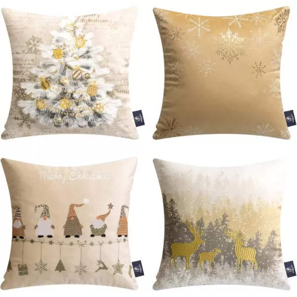 Phantoscope Pack of 4 Merry Christmas Decorative Velvet Embroidery Throw Pillow Cover with Snowflake Trees Elves Elk Cushion Covers for Xmas Couch Sofa Blue and Grey 18 x 18 inches 45 x 45cmBeige