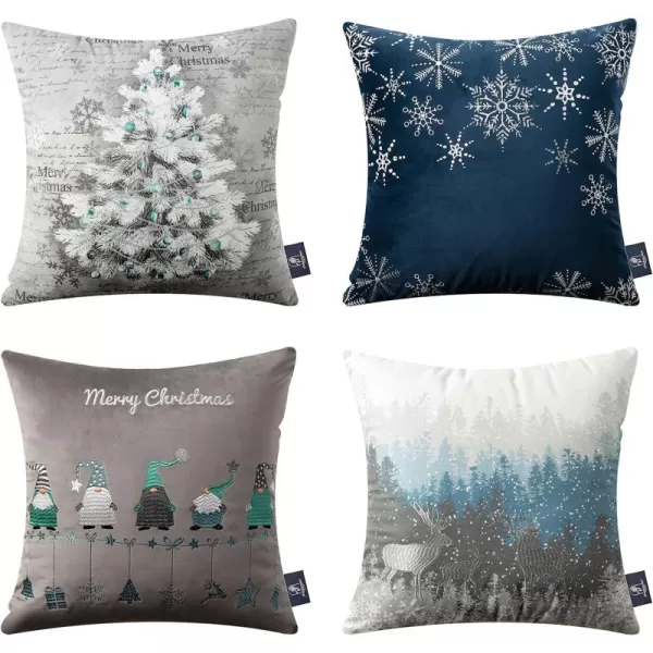 Phantoscope Pack of 4 Merry Christmas Decorative Velvet Embroidery Throw Pillow Cover with Snowflake Trees Elves Elk Cushion Covers for Xmas Couch Sofa Blue and Grey 18 x 18 inches 45 x 45cmBlue and Grey