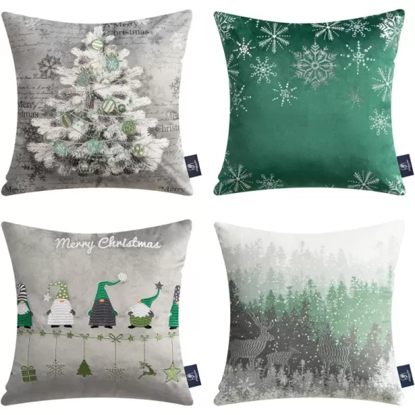 Phantoscope Pack of 4 Merry Christmas Decorative Velvet Embroidery Throw Pillow Cover with Snowflake Trees Elves Elk Cushion Covers for Xmas Couch Sofa Blue and Grey 18 x 18 inches 45 x 45cmGreen and Grey