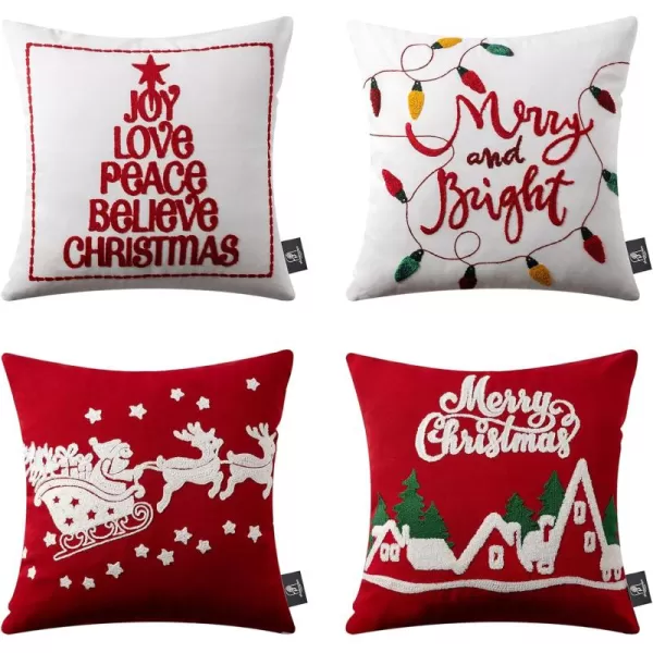 Phantoscope Set of 4 Merry Christmas Decorative Cotton Canvas Throw Pillow Covers with Embroidered Letter Santa Elk Latern Cushion Cover for Xmas Couch Sofa Red 18 x 18 inchesRed