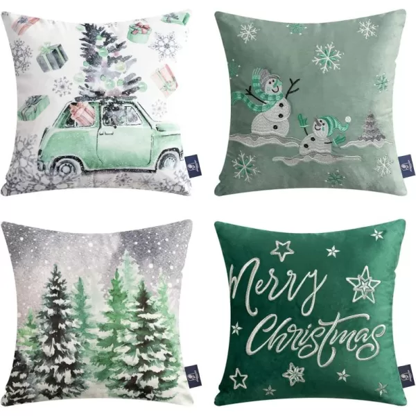 Phantoscope Set of 4 Merry Christmas Decorative Print and Embroidery Velvet Throw Pillow Covers Snowman Star Snowflake Tree Cushion Cover Green 18 x 18 inches 45 x 45 cmGreen