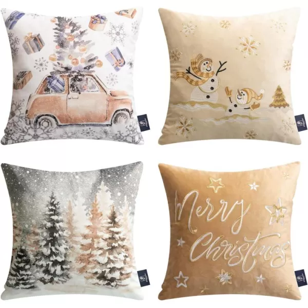 Phantoscope Set of 4 Merry Christmas Decorative Print and Embroidery Velvet Throw Pillow Covers Snowman Star Snowflake Tree Cushion Cover Green 18 x 18 inches 45 x 45 cmBeige