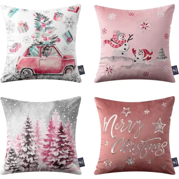 Phantoscope Set of 4 Merry Christmas Decorative Print and Embroidery Velvet Throw Pillow Covers Snowman Star Snowflake Tree Cushion Cover Green 18 x 18 inches 45 x 45 cmPink