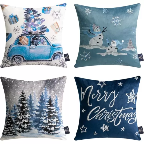 Phantoscope Set of 4 Merry Christmas Decorative Print and Embroidery Velvet Throw Pillow Covers Snowman Star Snowflake Tree Cushion Cover Green 18 x 18 inches 45 x 45 cmBlue