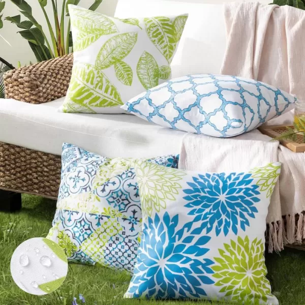 Phantoscope Set of 4 Outdoor Waterproof Throw Pillow Covers New Living Series Decorative Couch Pillow Case for Patio Tent Garden Cushion Cover Blue and Green 18 x 18 inches