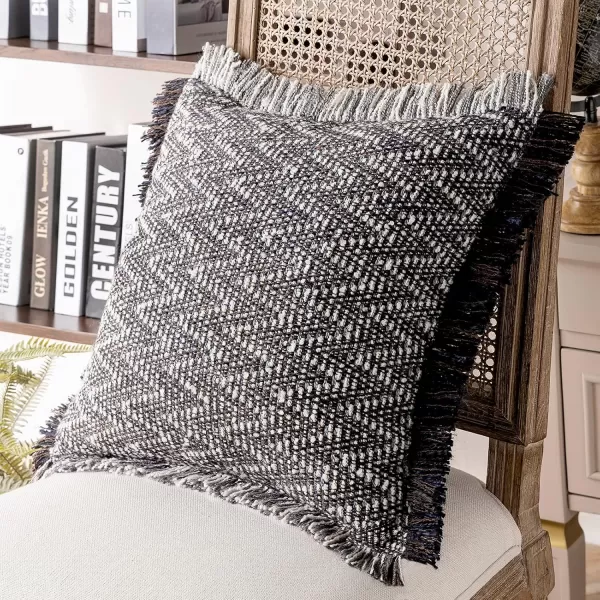 Phantoscope Decorative Boho Throw Pillow with Pillow Insert Included Hand Woven Textured Pillow Cover with Fringe Trim Modern Farmhouse Square Cushion Pillow Black 18 x 18 InchesBlack