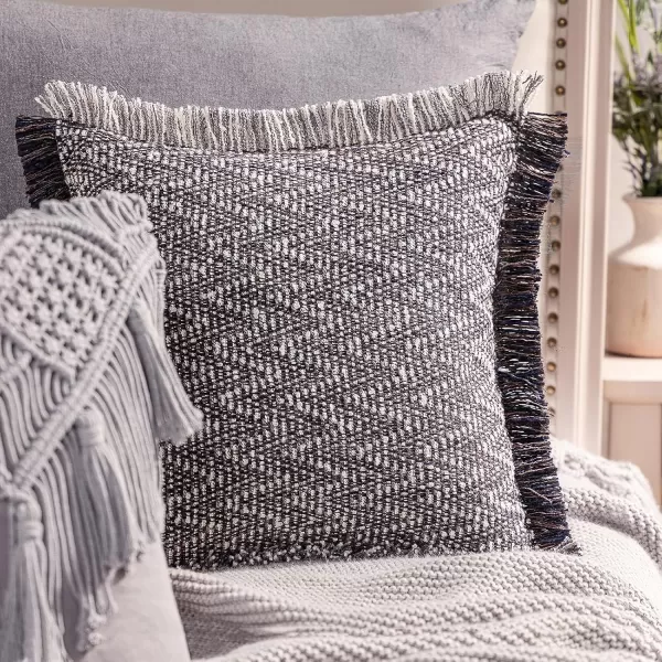 Phantoscope Decorative Boho Throw Pillow with Pillow Insert Included Hand Woven Textured Pillow Cover with Fringe Trim Modern Farmhouse Square Cushion Pillow Black 18 x 18 InchesBlack