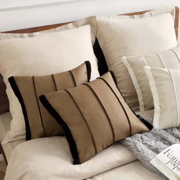 Phantoscope Faux Leather Throw Pillow Cover Luxury Faux Rabbit Fur Decorative Pillow Covers Soft Square Pillowcases Cushion Covers for Bedroom Living Room Light Brown 18 x 18 Inches