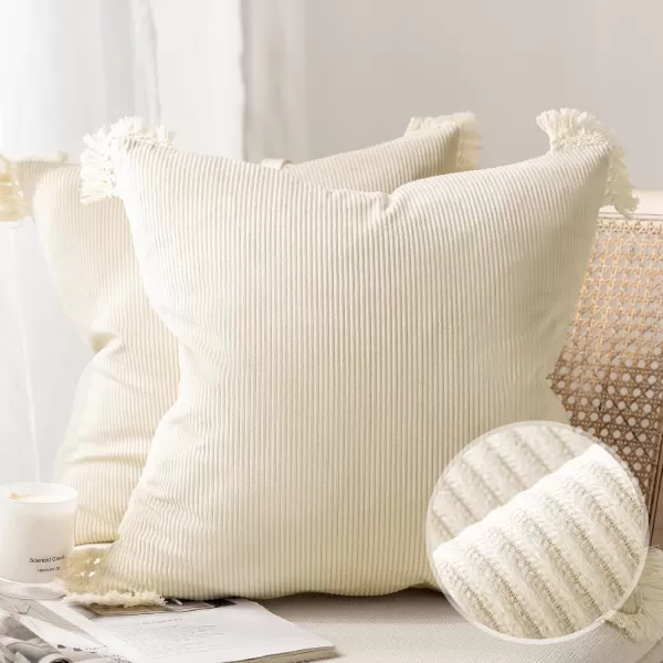 Phantoscope Pack of 2 Corduroy Pillow Covers Decorative Striped Velvet Throw Pillows with Cotton Tassels Soft Cushion Covers Pillowcases Off White 18 x 18 InchesOff White