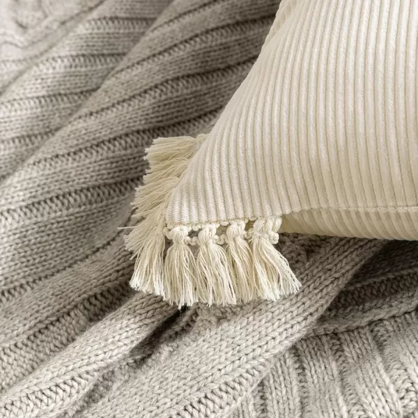Phantoscope Pack of 2 Corduroy Pillow Covers Decorative Striped Velvet Throw Pillows with Cotton Tassels Soft Cushion Covers Pillowcases Off White 18 x 18 InchesOff White