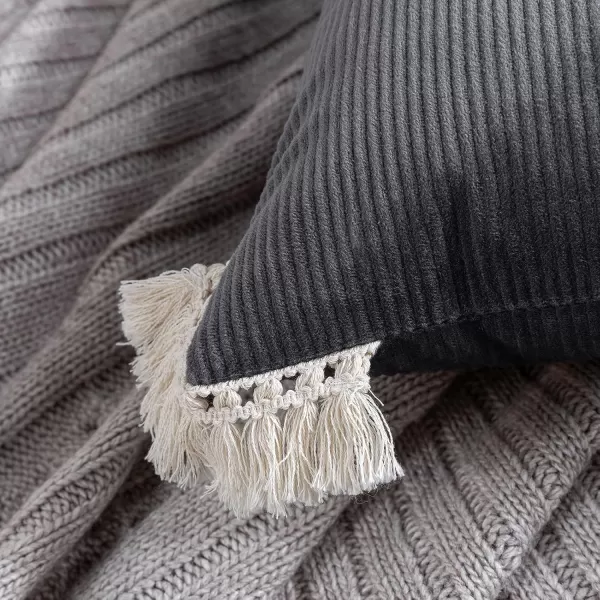 Phantoscope Pack of 2 Corduroy Pillow Covers Decorative Striped Velvet Throw Pillows with Cotton Tassels Soft Cushion Covers Pillowcases Off White 18 x 18 InchesDark Grey