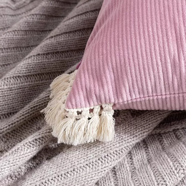 Phantoscope Pack of 2 Corduroy Pillow Covers Decorative Striped Velvet Throw Pillows with Cotton Tassels Soft Cushion Covers Pillowcases Off White 18 x 18 InchesPink Pearl