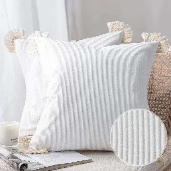 Phantoscope Pack of 2 Corduroy Pillow Covers Decorative Striped Velvet Throw Pillows with Cotton Tassels Soft Cushion Covers Pillowcases Off White 18 x 18 InchesWhite