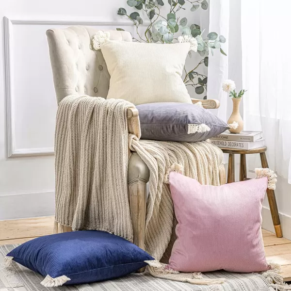 Phantoscope Pack of 2 Corduroy Pillow Covers Decorative Striped Velvet Throw Pillows with Cotton Tassels Soft Cushion Covers Pillowcases Off White 18 x 18 InchesOff White