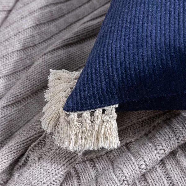 Phantoscope Pack of 2 Corduroy Pillow Covers Decorative Striped Velvet Throw Pillows with Cotton Tassels Soft Cushion Covers Pillowcases Off White 18 x 18 InchesNavy Blue