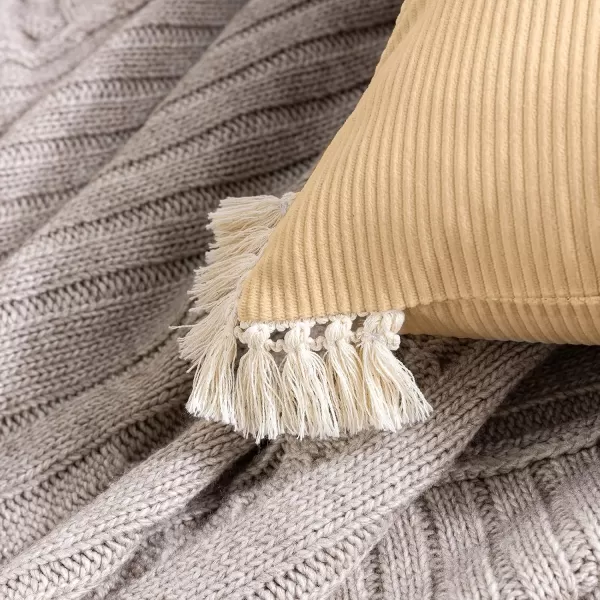 Phantoscope Pack of 2 Corduroy Pillow Covers Decorative Striped Velvet Throw Pillows with Cotton Tassels Soft Cushion Covers Pillowcases Off White 18 x 18 InchesWheat